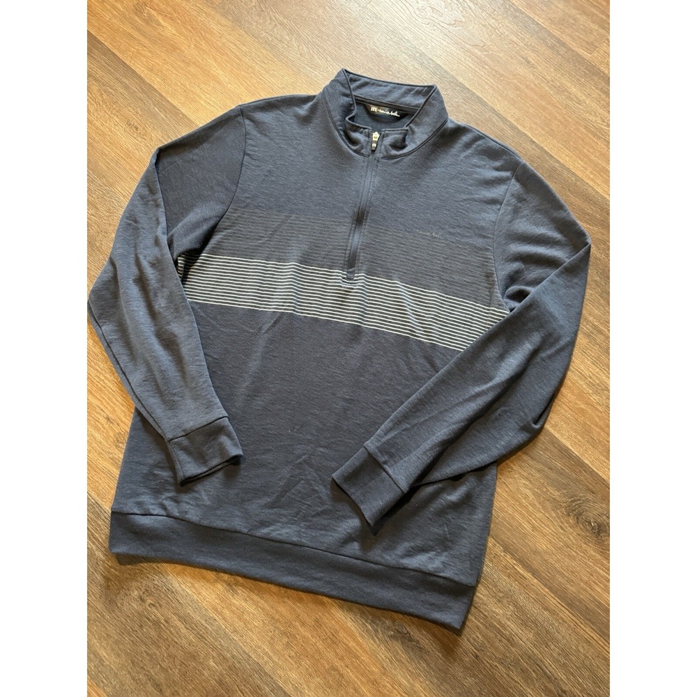 Travis Mathew Men's Navy Zip-Up Sweater with Gray Stripes